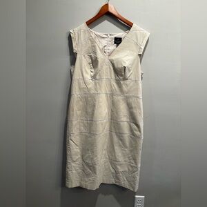 Adrianna Papell Beige Midi Dress with Subtle Stripes business casual cap sleeve